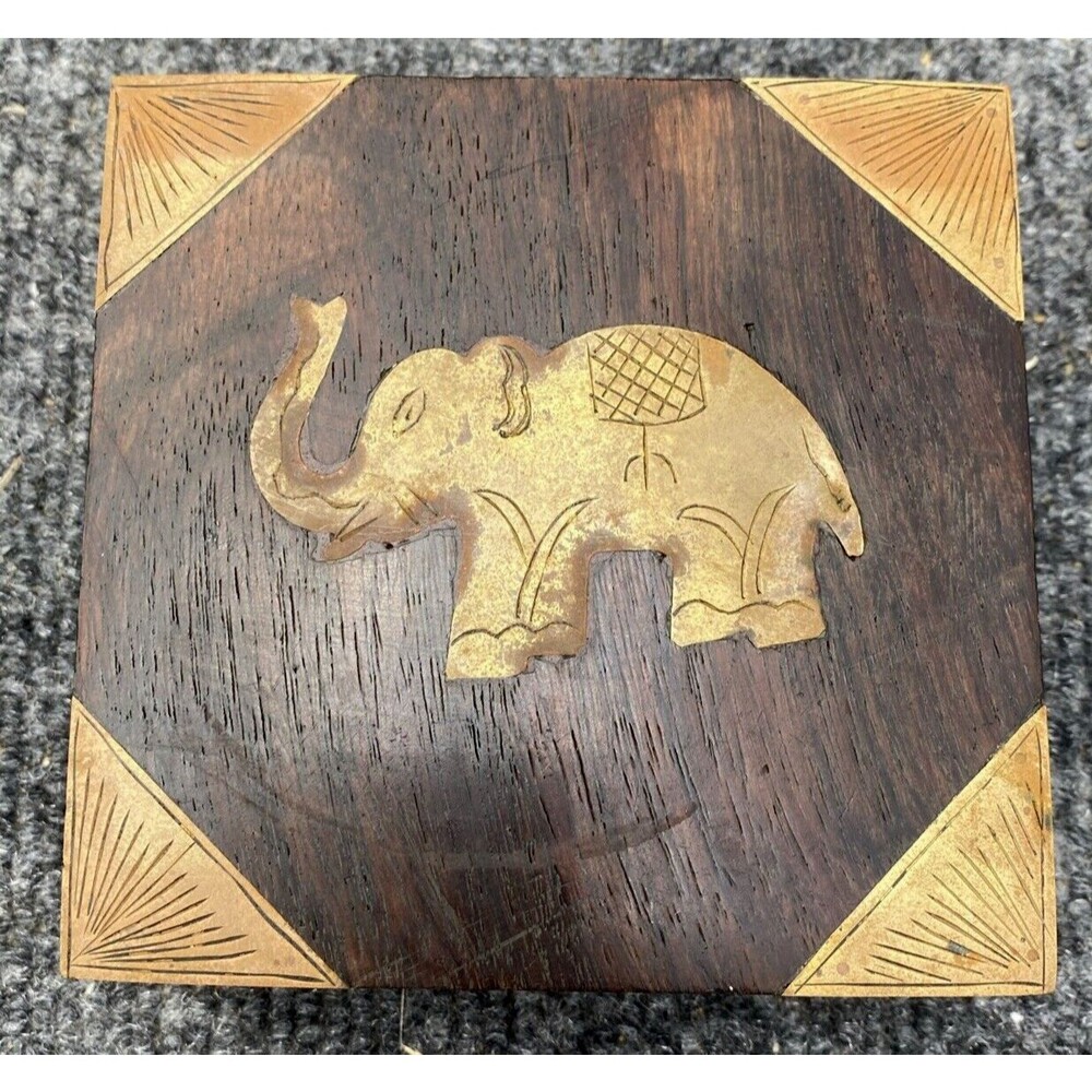 Vintage Hand Carved Wood Elephant Box Brass Inlay India Puzzle Trinket Stash 4"
